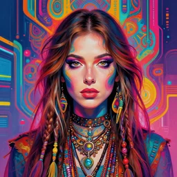 colorful portrait of a brunette hippie, but set in the future 2 1 5 0 | highly detailed | very intricate | symmetrical | professional model | cinematic lighting | award - winning | painted by mandy jurgens | pan futurism, dystopian, bold psychedelic colors, cyberpunk, anime aesthestic | featured on artstation