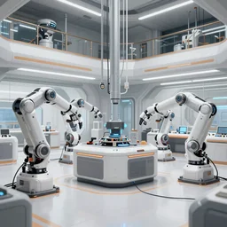 concept art for a video game, a futuristic factory in the style of Mirror\'s Edge, automation robots, very clean, white - 4