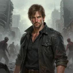 battle hardened, charismatic, rugged chris redfield, face centered portrait, confident, ruined cityscape, zombies, fog, rain, volumetric lighting, soft light particles floating near her, illustration, perfectly shaded, soft painting, art by leesha hannigan, ross tran, thierry doizon, kai carpenter, ignacio fernandez rios