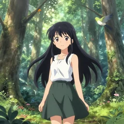 Anime Girl At A Beautiful Forest With Birds