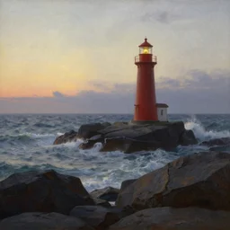 lighthouse on rocks at the shore. beautiful summer dawn. atmospheric lighting. stormy sea. painting by caspar david friedrich.