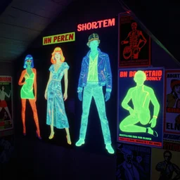 1970s color magazine photo of fluorescent ephemera glowing by blacklight, wall covered in neon posters, in an attic
