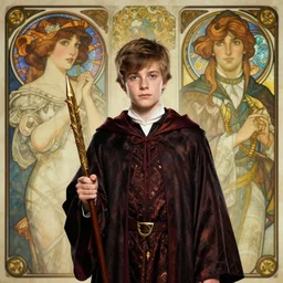 a photorealistic wizard teenager wearing wizard outfit, sharp focus, illustration, art by artgerm and greg rutkowski and alphonse mucha