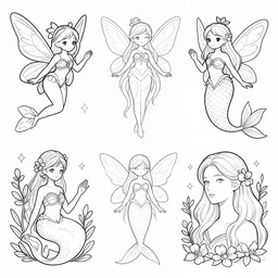 magical line art illustrations of ethereal fantasy creatures, beautiful fairies, mermaids and female portraits with flowers, whimsical big - eyed characters accompanied by animals and birds