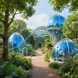 futuristic zoo built in london with trees, enclosures and blue glass domes, wide view, volumetric light, hyperdetailed, artstation, cgsociety, 8 k, by john howe