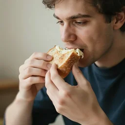 a guy eating really good bread