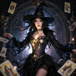 portrait of witch, beautiful, attractive, glowing, jaw dropping, magical, dynamic lighting, dark, 4 k, octane render, age 2 0, background enchanted, intricate and ornate, highly detailed, sharp focus, tarot cards