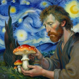 close up detailed starry night style painting of ancient man first discovering mushrooms