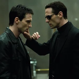 neo slaps morpheus instead of choosing a pill, still from the matrix