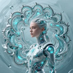 fractals!!, water, hybrids, tech wear, scifi, glowing lights!! intricate elegant, kat dennings, highly detailed, digital painting, artstation, concept art, smooth, sharp focus, thin glowing wires, illustration, art by artgerm and greg rutkowski and alphonse mucha, singularity!!!