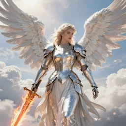 A beautiful fierce angel with wings, wearing metal battle armor and a flaming sword, among heavenly sunlit clouds, close-up, intricate, elegant, digital painting, golden hour photo, cinematic, trending on artstation, concept art, smooth, sharp focus, illustration, art by artgerm and Greg Rutkowski and Alphonse Mucha