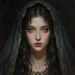 realistic portrait of mata hair surrounded by veils, nge, dark fantasy, face closeup, intricate, highly detailed, digital painting, volumetric light, artstation, concept art, sharp focus, illustration, art by gil elvgren and greg rutkowski and luis royo, and alphonse mucha,