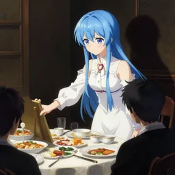 cirno from touhou preparing the home for guests for dinner, blue hair, painting by titian, dark shadows, detailed, high quality