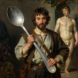 peasant from west shows comically large spoon, ilya repin, michelangelo, realism, oil paiting, highly detailed