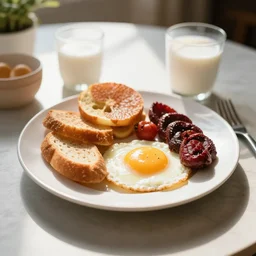 a table with a delicious breakfast, morning light