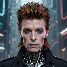 cinematic portrait of an elven cyborg david bowie, cyberpunk city background, full face portrait, centered, symmetrical face, atmospheric lighting, intricate, volumetric lighting, cyberpunk, concept art, sharp focus, ultra detailed, concept art by marc simonetti and dan mumford. featured on artstation