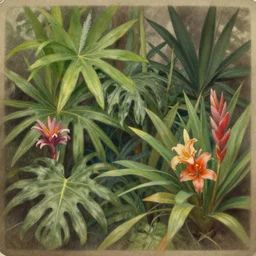 a painting of tropical plants and flowers old photo by lisa frank, behance, airbrush art, digital painting