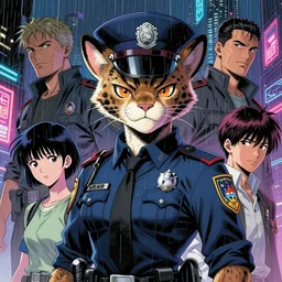 beautiful portrait commission of a female furry anthro panther fursona wearing a police uniform. Cyberpunk city at night in the rain. Neon light. Atmospheric. Character design by charlie bowater, ross tran, artgerm, and makoto shinkai, detailed, inked, western comic book art