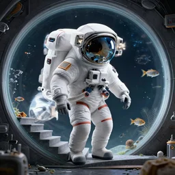 fish tank head astronauts walk on the stairs of the circular space, e highly intricate details, 8 k, hdr, octane render