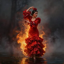 detailed oil painting of spanish flamenco dancer wearing a red dress made of flowers, engulfed in flames, she's standing waist deep in water, dimly lit, looking away, dark shadows, ethereal, foggy, moody, surreal, high definition, 4 k, slr
