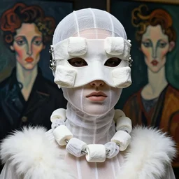 a futuristic portrait by mask made of wires and white gauzes and marshmallows, white fur fir necklace made by gauzes twisted around neck, design by leonardo davinci, inspired by egon schiele, balenciaga, modern art, baroque art jewelry, new classic, fashion design, photorealistic, hyper realistic, cinematic composition, cinematic lighting, fashion design, concept art, 8 k -