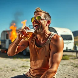 trevor philips wearing a tank top, reflective sunglasses, drinking beer, laughing at his trailer being on fire, high quality, very detailed, a beautiful photo, national geographic quality
