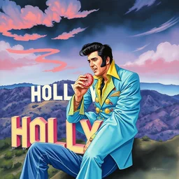 elvis, eating donuts, sitting on the h hon the hollywood sign. beautiful, realistic painting by mucha and kuvshinov and bilibin and malevich. synthwave watercolor, thick lining, manga, soviet realism