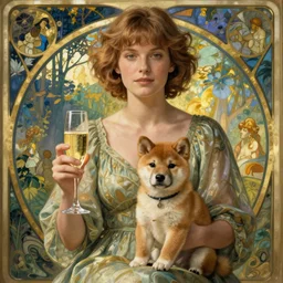 reese witherspoon with glass of champagne in her hand and a shiba inu puppy on her lap. art nouveau. art by mucha