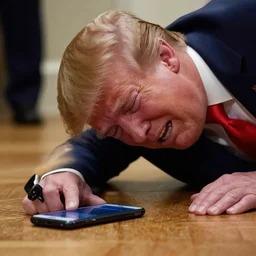 Donald Trump crying because he dropped his mobile phone on the floor. His phone is flat on the floor.