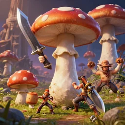 mushroom wars, star knives, nunchucks, fighting, highly detailed, photorealistc, 8 k
