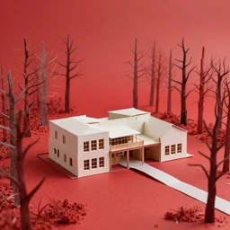 social modernist blockhouse estate in the midle of red, radioactive dead forest, paper model