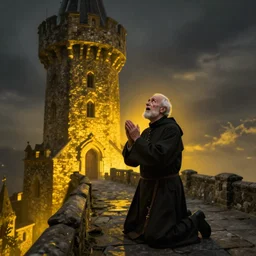 An old catholic priest kneeled in passionate prayer at the summit of a tall medieval tower. His face is bathed in ominous yellow light and raised towards the sky. His eyes are wide open with fear. Overhead view, award-winning digital art, trending on ArtStation