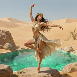 a full body portrait of a beautiful post apocalyptic offworld desert bedouin thief savage rogue in ballet pose by the emerald oasis pools, intricate, elegant, highly detailed, digital painting, artstation, concept art, smooth, sharp focus, illustration, art by krenz cushart and artem demura and alphonse mucha