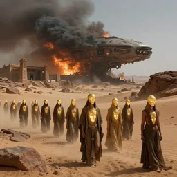the line of glowing bene gesserit people in full - face golden masks in a dry rocky desert landscape with ancient abandoned city beneath the sand and giant alien spaceship in smoke and fire by christopher doyle and alejandro jodorowsky, anamorphic lens, kodakchrome, cinematic composition, very detailed photo, 8 k,
