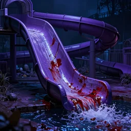 a bloody water slide in the nigth, purple, moody, dark, artistic, digital art, blue and purple, epic, highly detailed, unreal engine