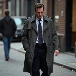 a drunk and depressed film noir detective in a trench-coat, walking along a street; extremely detailed; film still
