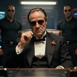 a beautiful picture of a cyberpunk godfather with his bodyguards in his office by gabo mendoza, close up shot, trending on artstation
