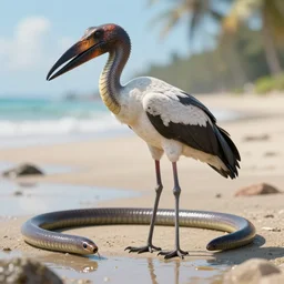 incredibly realistic, too detailed fullbody of long predator worm stork beak serpent in a sunny low tide beach, octane render, bump mapping, macro image, global illumination, 8 k, bokeh, enki bilal, yuji himukai, jen zee, mohrbacher