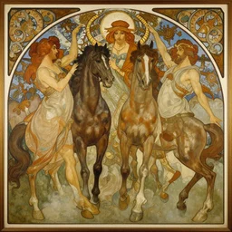 the four horsemen of the apocalypse, painting by greg rutkowski and alphonse mucha
