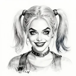 harley quinn portrait drawn in black and white watercolor