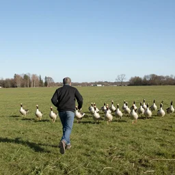 Person chased by a swarm of geese, 4k photography