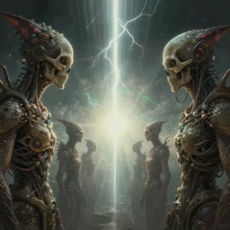 ambient occlusion render metaphysical scifi cosmic skullpunk creatures in profile by beksinski, art by artgerm, wlop, loish, ilya kuvshinov, muted vaporwave ombre, leading lines, fractal lightning, vanishing point, volumetric lighting, god rays