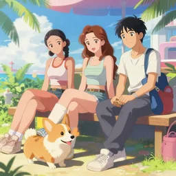 beautiful anime painting scene of sunny hiphop solarpunk royalty summertime chill with corgi, by dao le trong, daniela uhlig, craig mullins, craig davison. trending on artstation, 8 k, masterpiece, graffiti paint, fine detail, full of color, intricate detail, golden ratio illustration