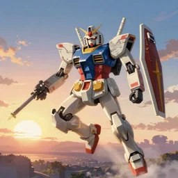 socialist gundam communist robot with claws flying in the dawn of the humanity, anime stile, cell shading, cinematic lighting