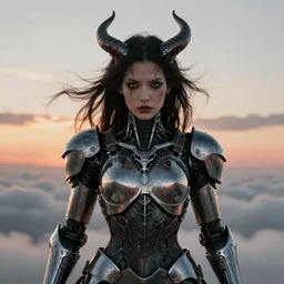symmetry! closeup portrait of a biblical diabolical hunter model girl, cyborg armor, in clouds, cinematic studio light! windy, venom, sunset, by gerald brom, by mikhail vrubel, by peter elson, high contrast, muted colors, extreme detail, mirrors! trending on artstation, 8 k