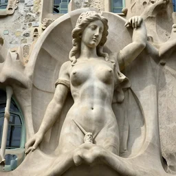 “a stone woman body, is a incredible building like an sculpture, photorealism, Gaudi Style”