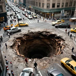 a gigantic sink hole to hell opens up on a busy new york city intersection, the sinkhole sucking in cars, pedestrians, everything around it, hyperreal, in the style of roland emmerich disaster movies, 2 0 1 2, the day after tomorrow, photorealistic - h 6 4 0
