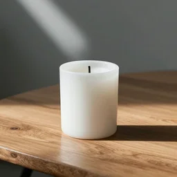 a white candle on a wooden table. soft lighting