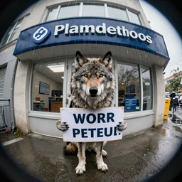 a werewolf holding a protest sign outside a planned parenthood in the rain, photograph, fish eye lens, hyperrealism, unreal engine, artstation, 4k