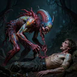 a very colorful and beautiful ( flesh - eating ) tsikalawa, eating the leg of a terrified man, by alexandro judorowski and david cronenberg, fear, morbid, nightmare, supernatural, 8 k, digital art, highly detailed, chiaroscuro, creepy, terrifying